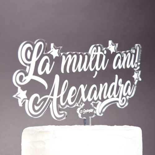 Topper Tort Personalizat Transparent - "La Mulți Ani" Cu Nume Și Dată