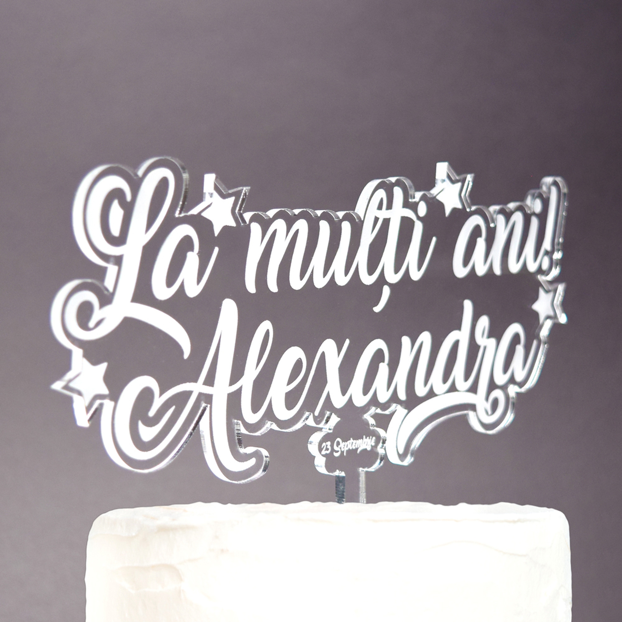 Topper Tort Personalizat Transparent - "La Mulți Ani" Cu Nume Și Dată