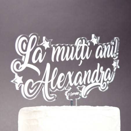 Topper Tort Personalizat Transparent - "La Mulți Ani" Cu Nume Și Dată