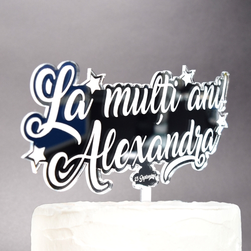 Topper Tort Personalizat Oglindă Argintiu - "La Mulți Ani" Cu Nume Și Dată