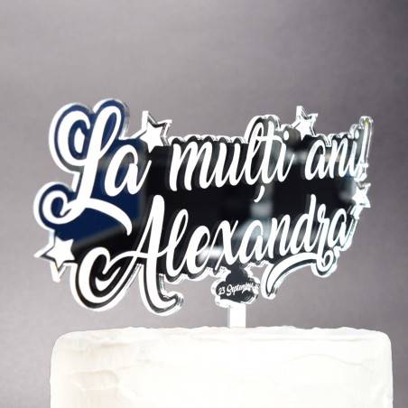 Topper Tort Personalizat Oglindă Argintiu - "La Mulți Ani" Cu Nume Și Dată