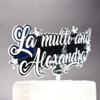 Topper Tort Personalizat Oglindă Argintiu - "La Mulți Ani" Cu Nume Și Dată