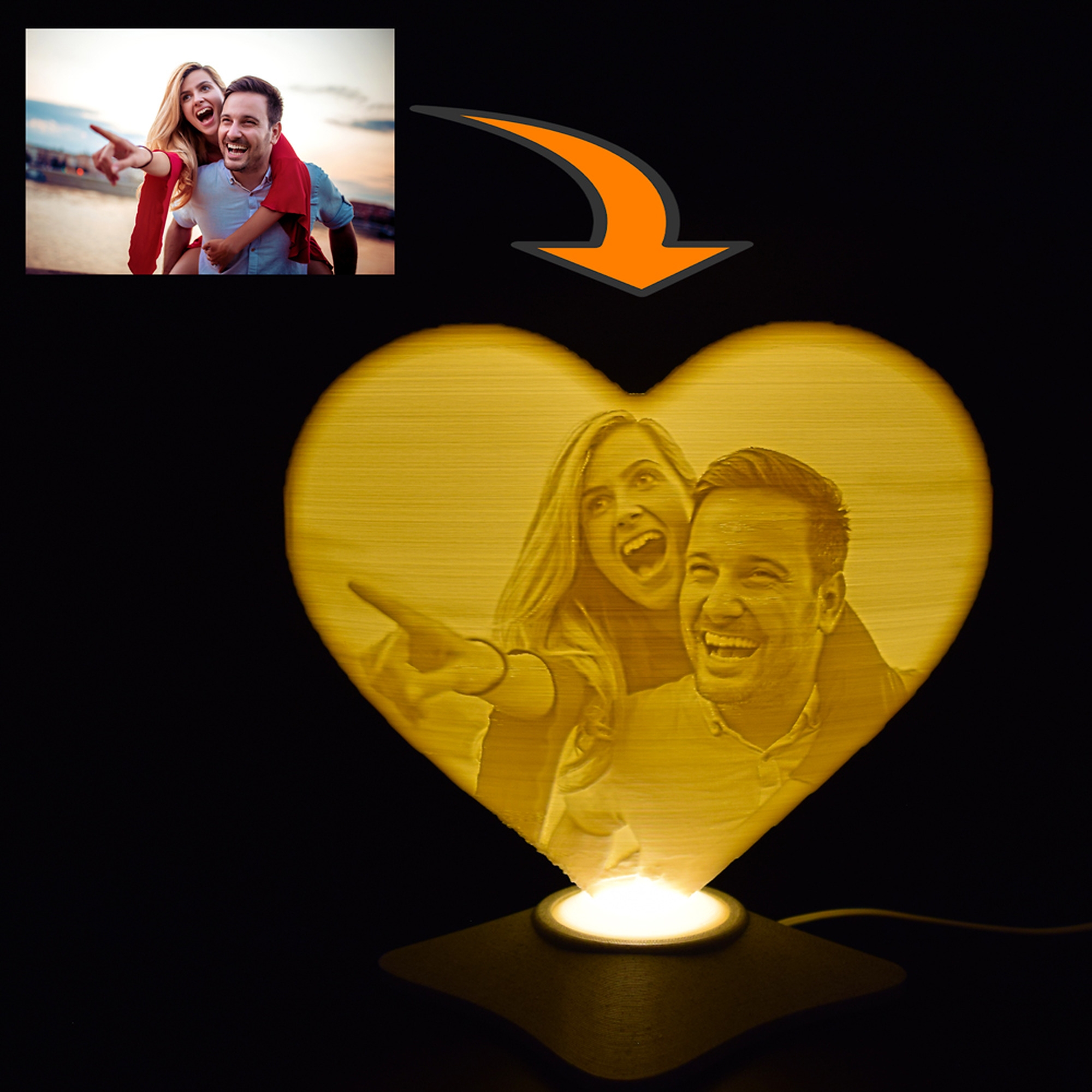 Lampă Luna 3D Personalizată - Inimioară Cu Două Poze