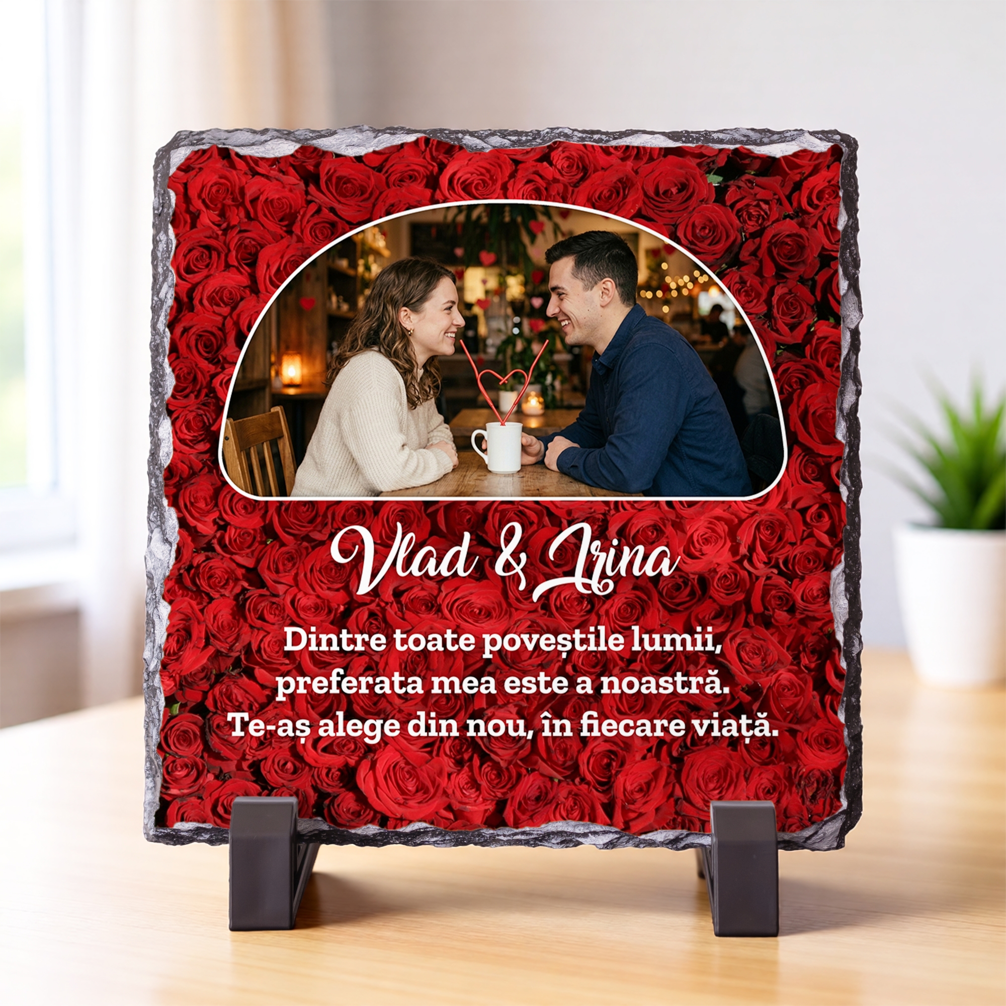 Placă de Ardezie Pătrată Personalizată cu o Poză și Text – Trandafiri