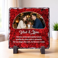 Placă de Ardezie Pătrată Personalizată cu o Poză și Text – Trandafiri