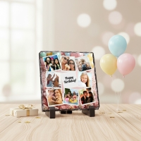 Placă de Ardezie Pătrată Personalizată cu 8 Poze și Text – Baloane Pastel