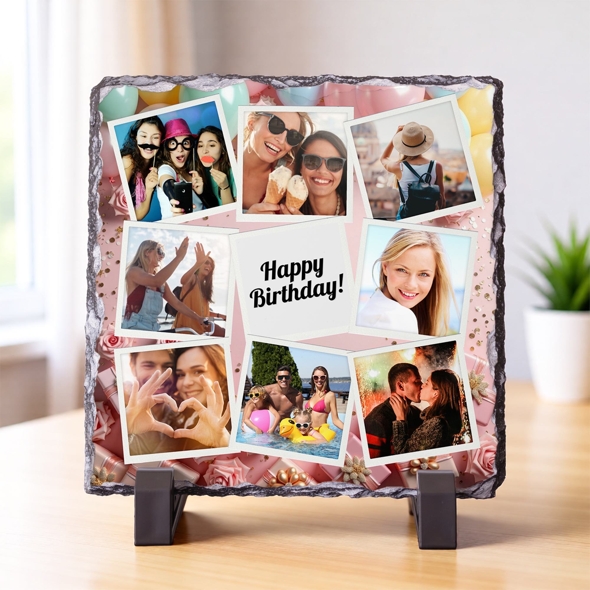 Placă de Ardezie Pătrată Personalizată cu 8 Poze și Text – Baloane Pastel