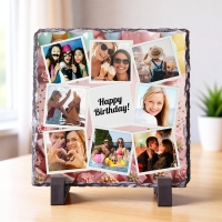 Placă de Ardezie Pătrată Personalizată cu 8 Poze și Text – Baloane Pastel