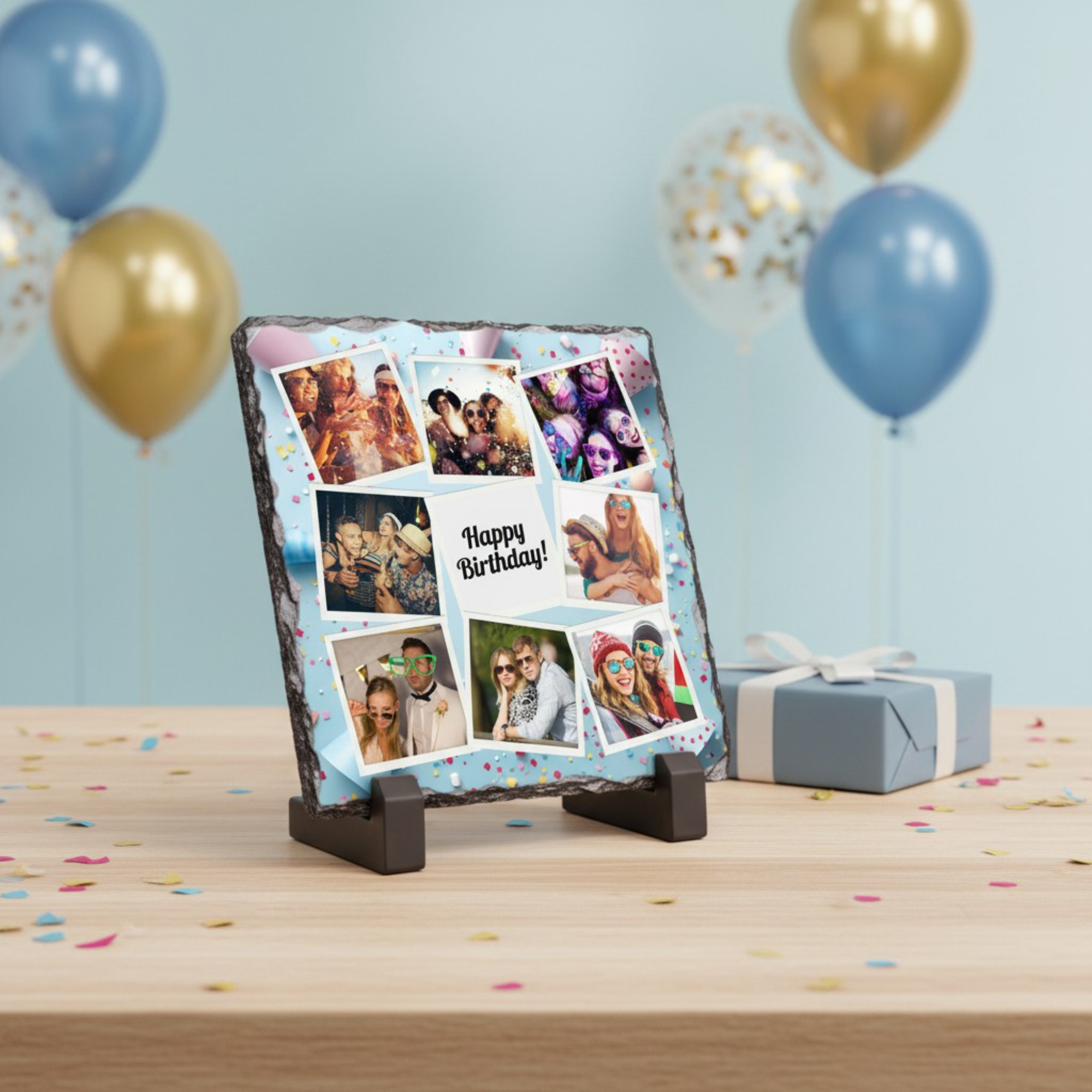 Placă de Ardezie Pătrată Personalizată cu 8 Poze și Text – Petrecere Bleu
