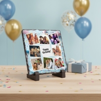 Placă de Ardezie Pătrată Personalizată cu 8 Poze și Text – Petrecere Bleu