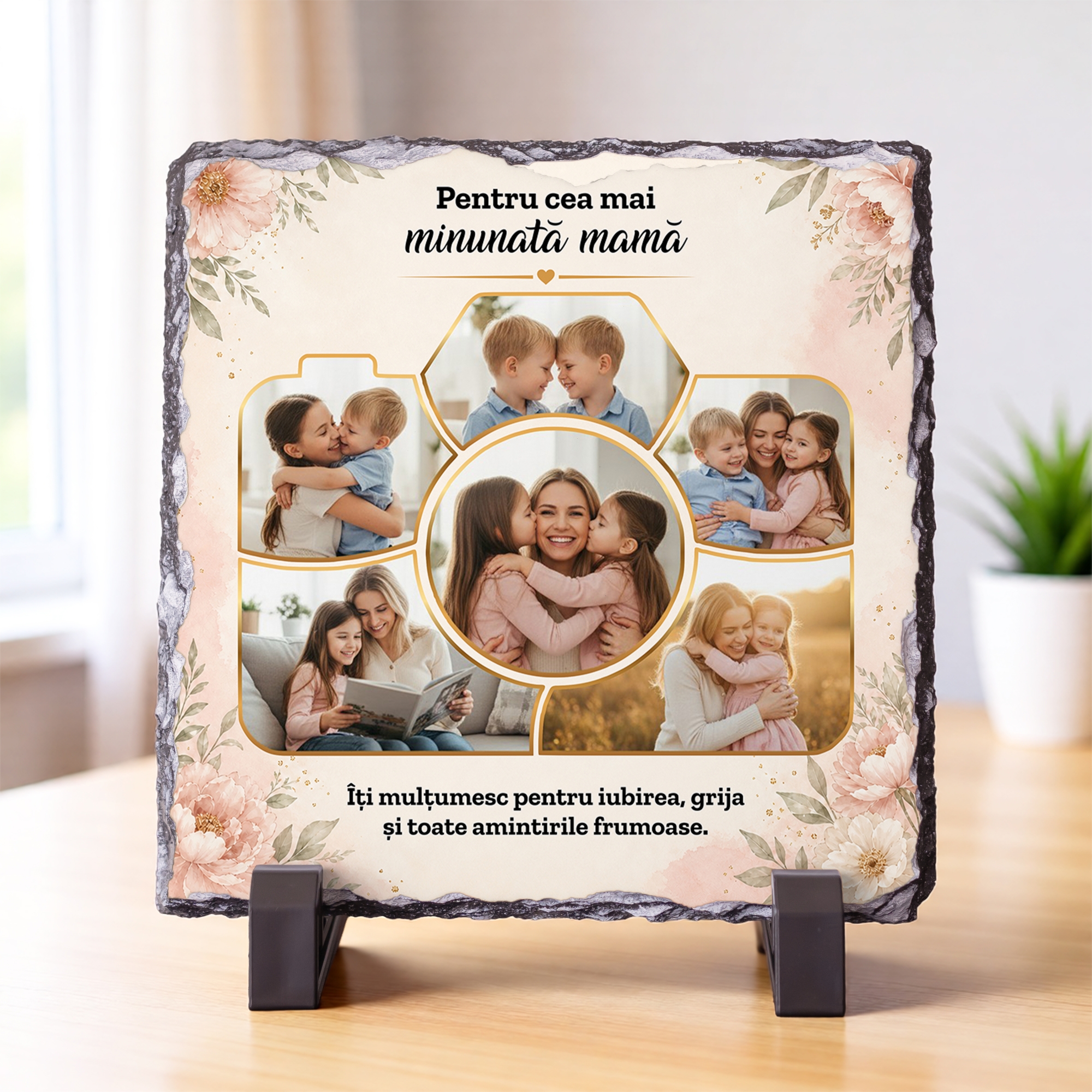 Placă de Ardezie Pătrată Personalizată cu 6 Poze și Text – Amintiri în Imagini