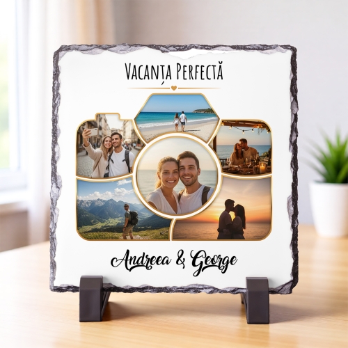 Placă de Ardezie Pătrată Personalizată cu 6 Poze și Text – Vacanța Perfectă