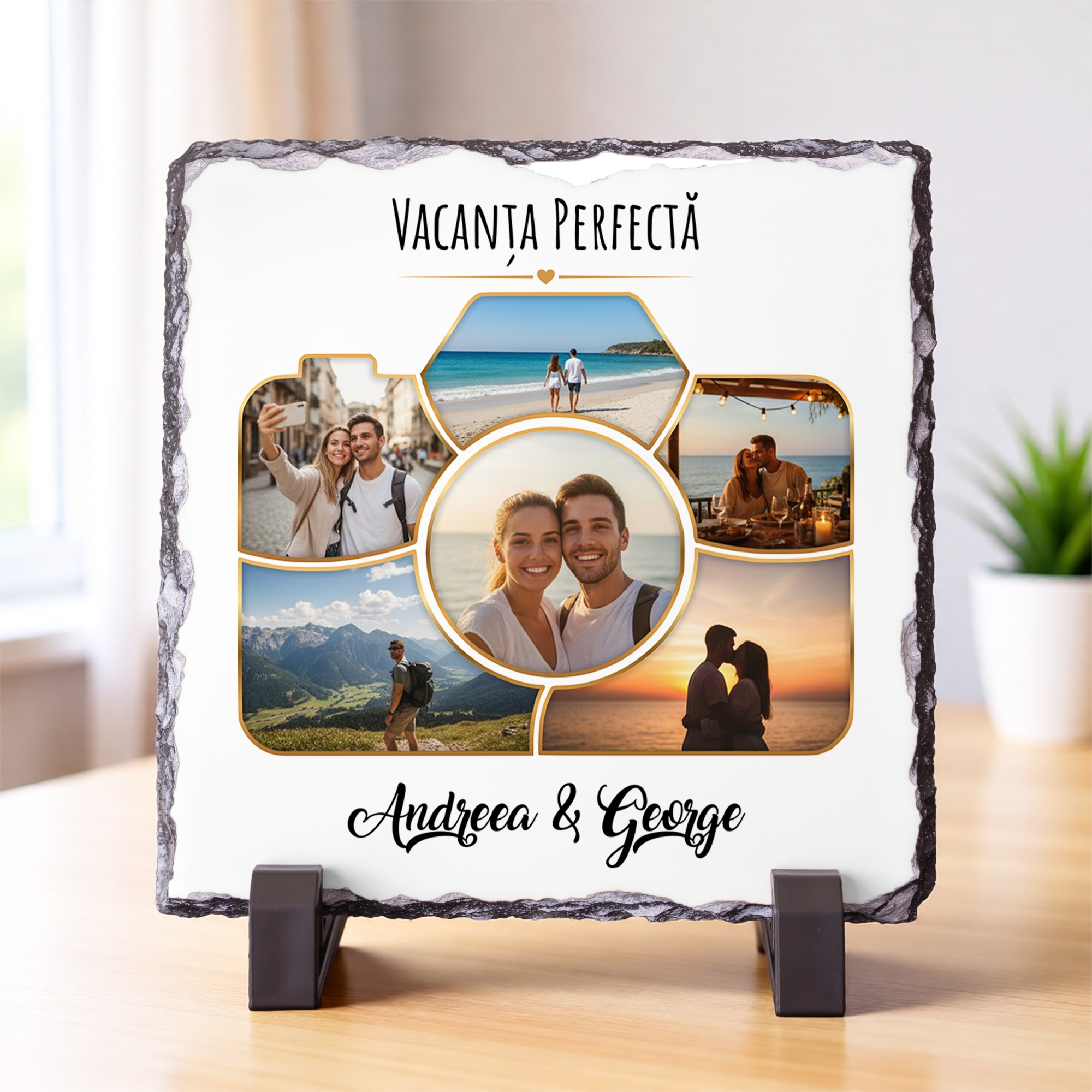 Placă de Ardezie Pătrată Personalizată cu 6 Poze și Text – Vacanța Perfectă