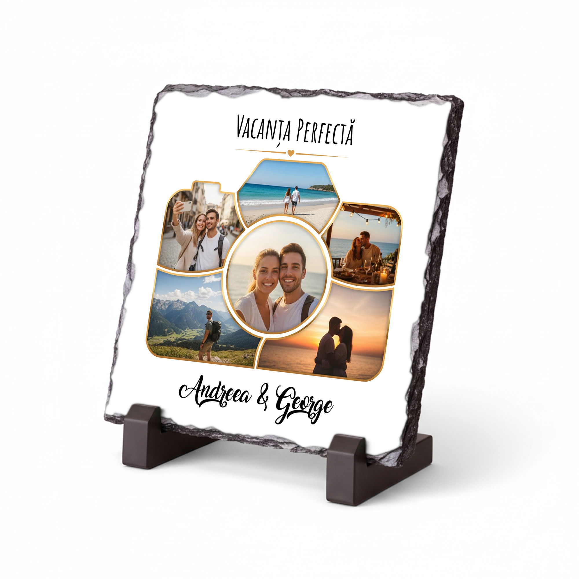 Placă de Ardezie Pătrată Personalizată cu 6 Poze și Text – Vacanța Perfectă