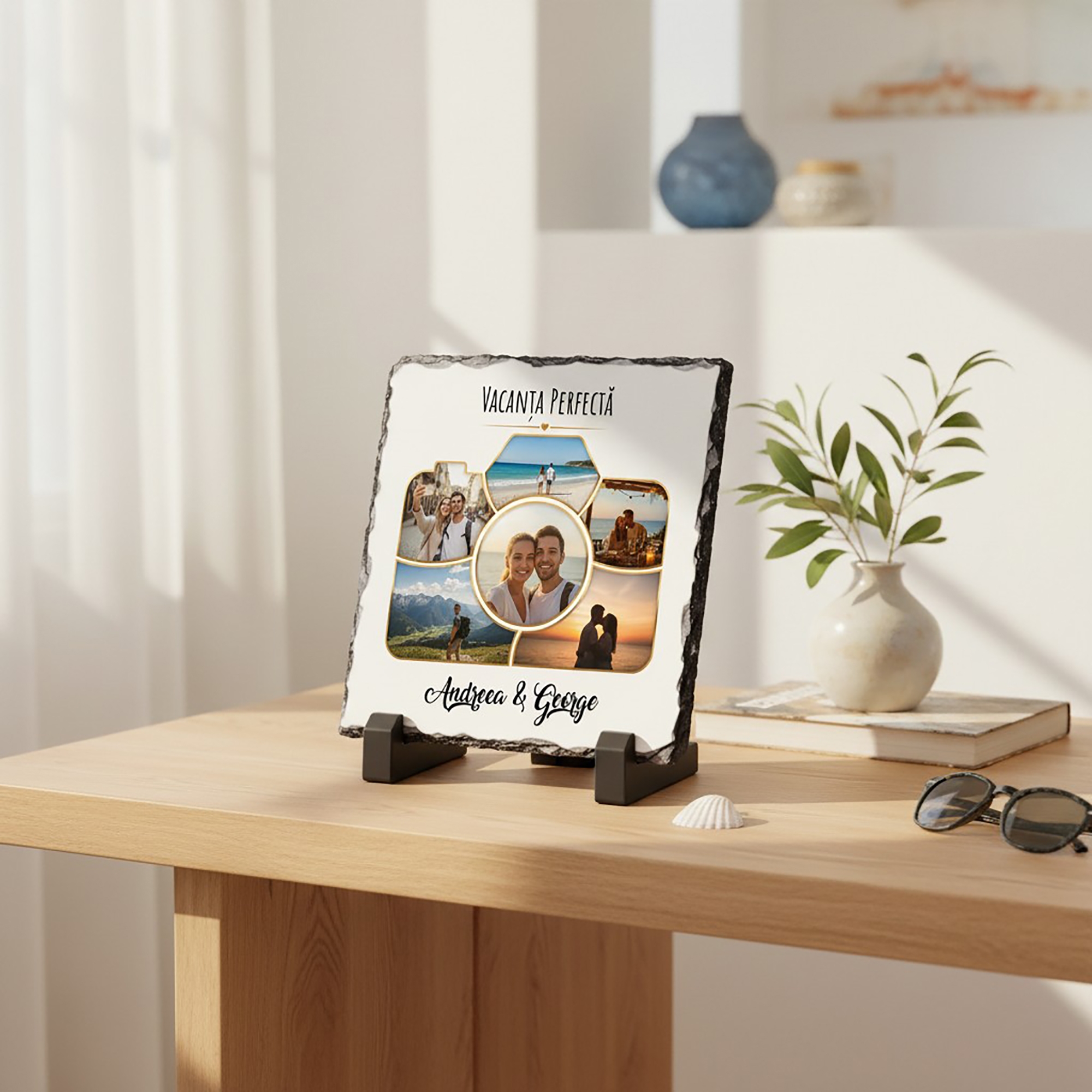 Placă de Ardezie Pătrată Personalizată cu 6 Poze și Text – Vacanța Perfectă