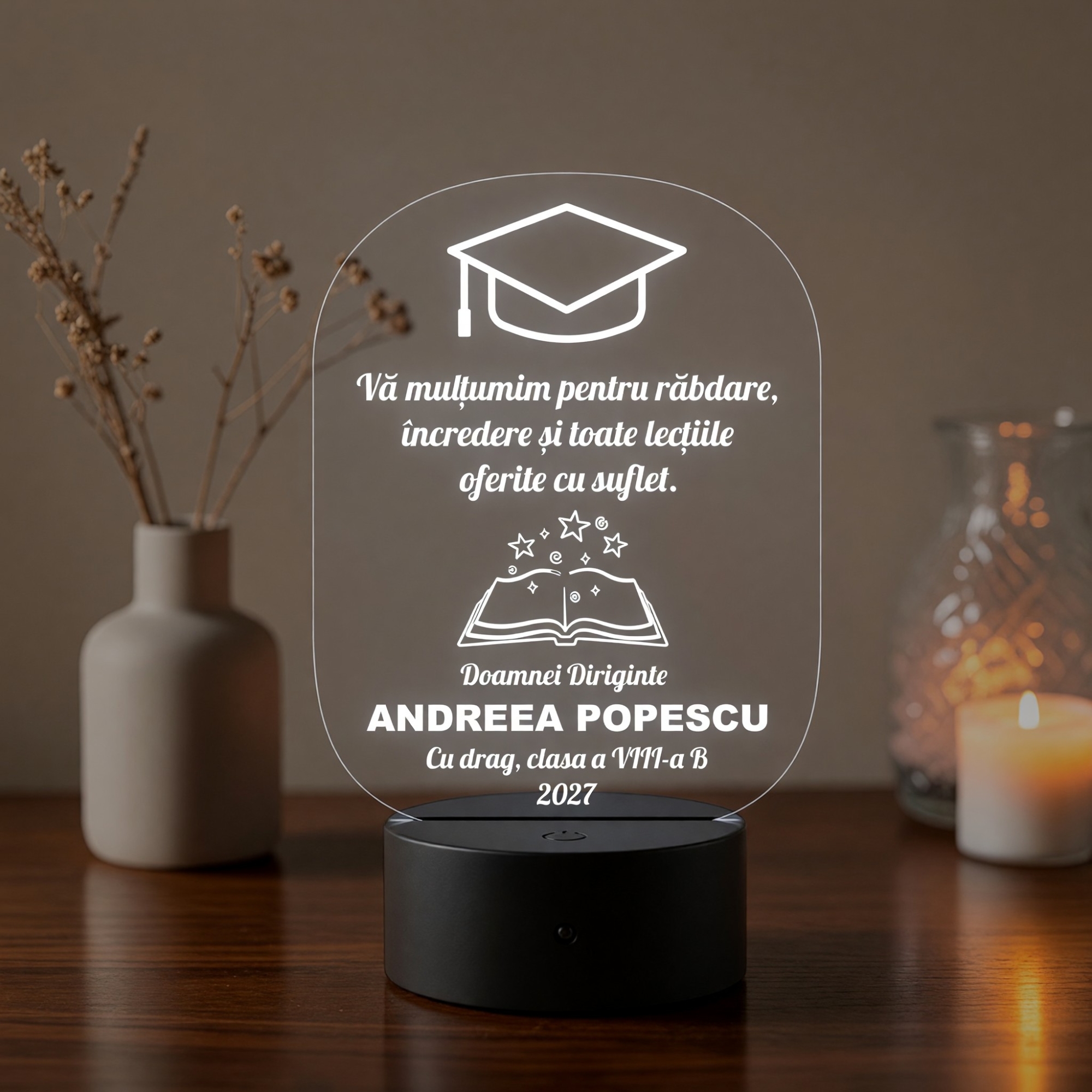 Lampă LED 3D Personalizată – Profesor cu Tocă și Carte