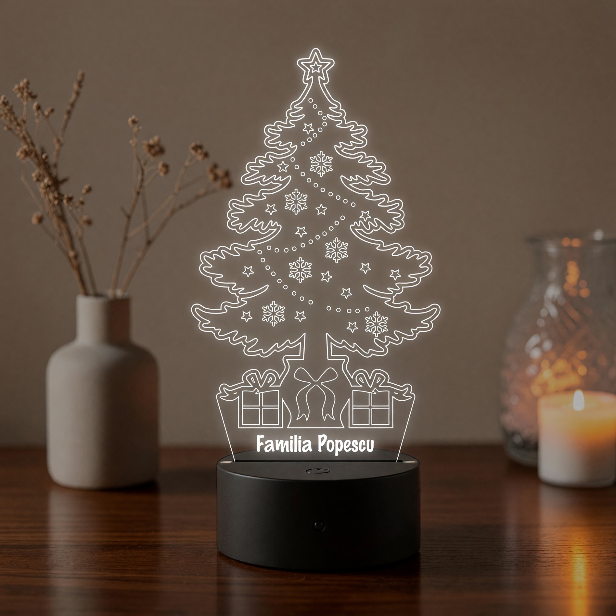 Lampă LED 3D Personalizată – Brad de Crăciun cu Mesaj