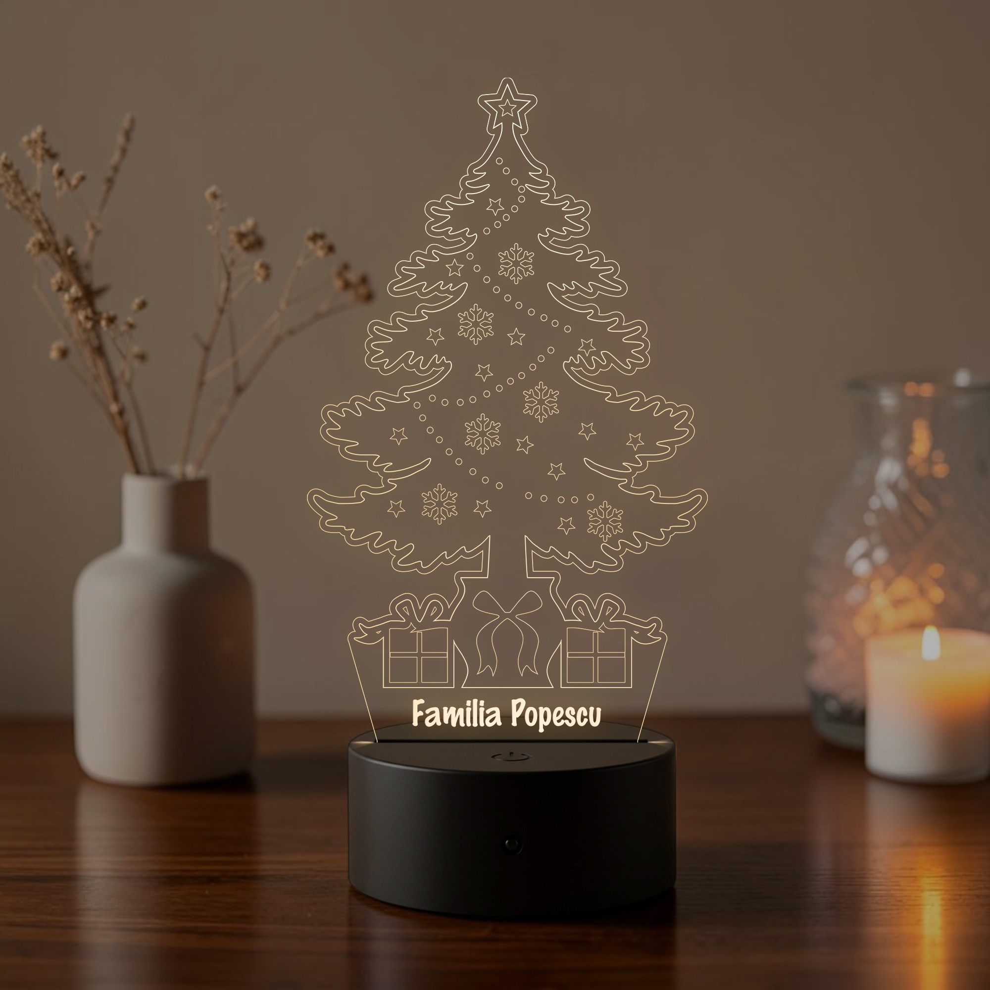 Lampă LED 3D Personalizată – Brad de Crăciun cu Mesaj