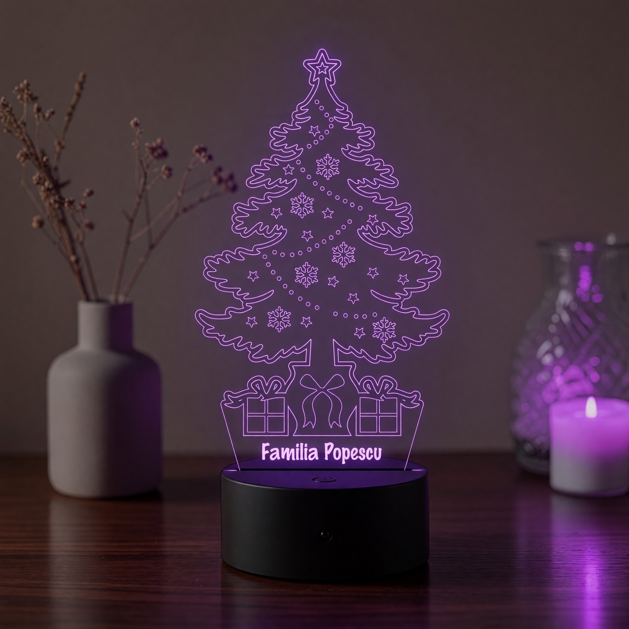 Lampă LED 3D Personalizată – Brad de Crăciun cu Mesaj