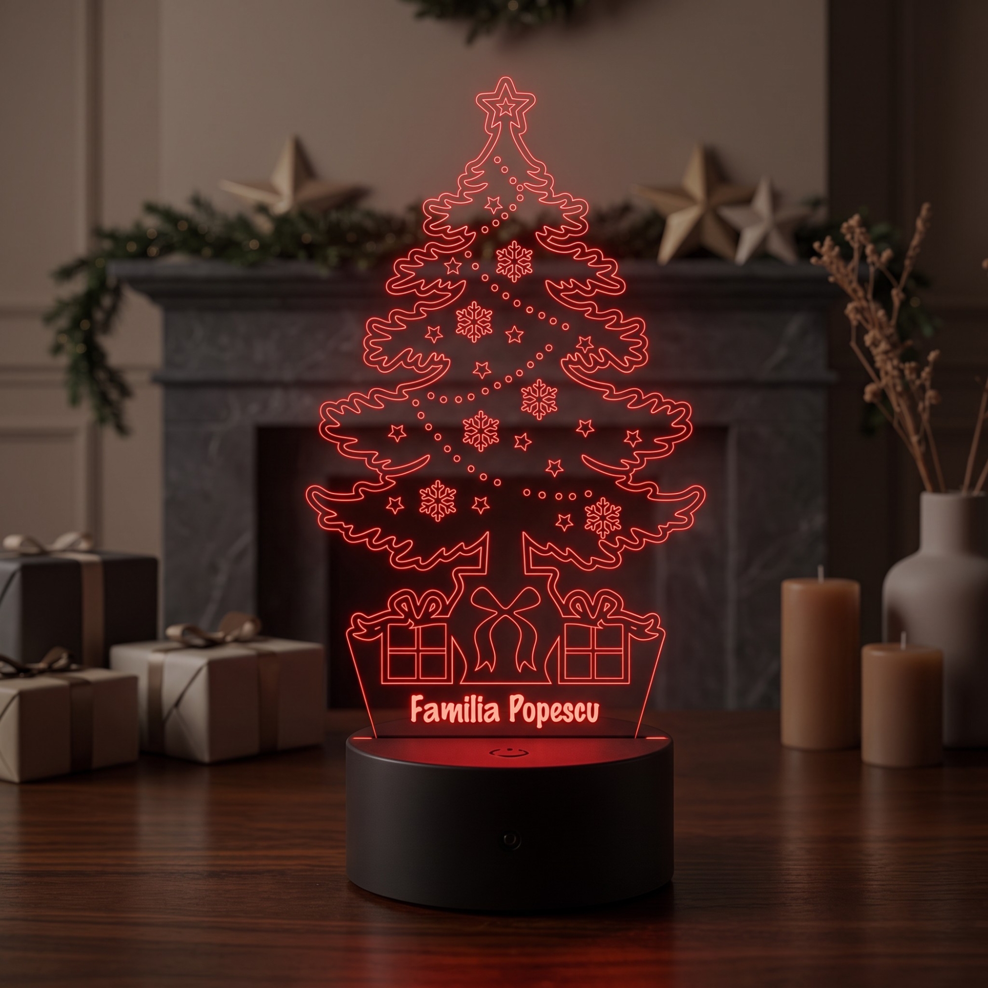 Lampă LED 3D Personalizată – Brad de Crăciun cu Mesaj