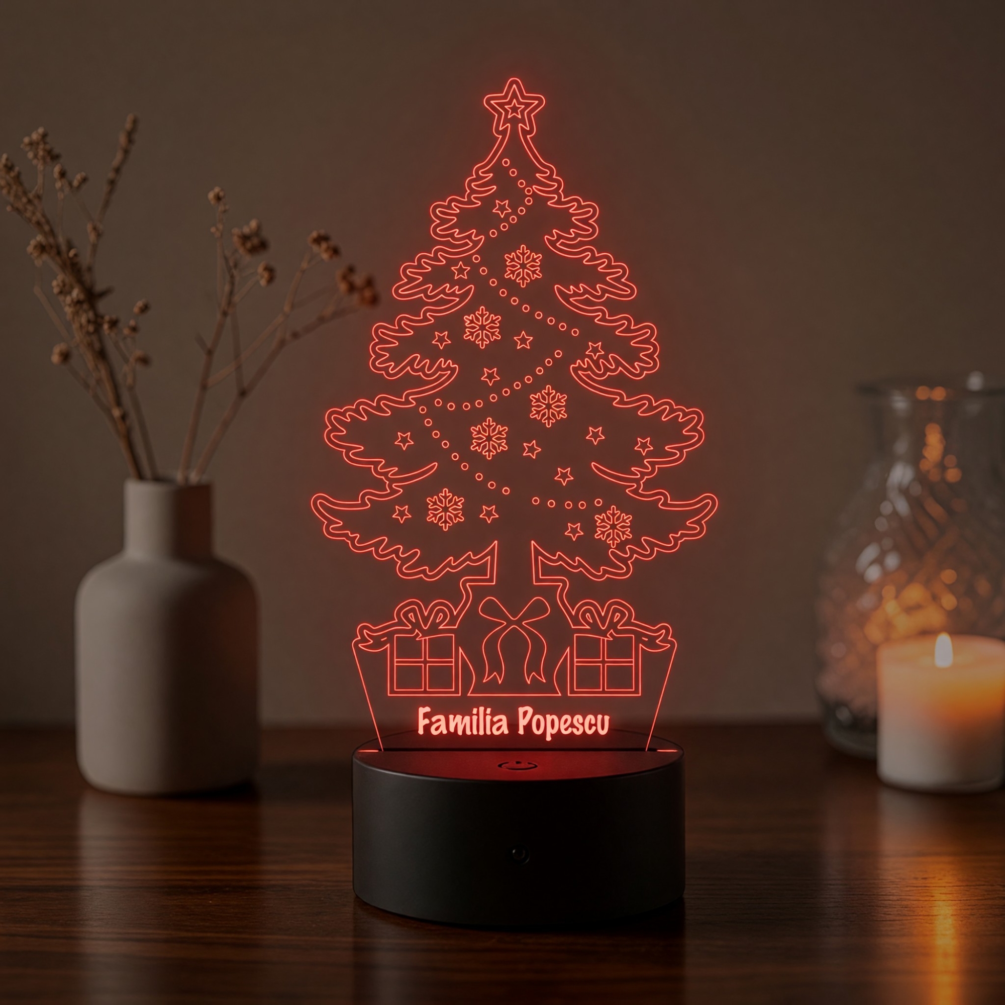 Lampă LED 3D Personalizată – Brad de Crăciun cu Mesaj