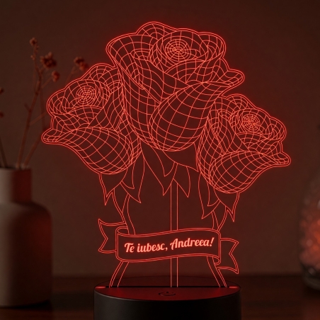 Lampă LED 3D Personalizată – Buchet de Trandafiri cu Mesaj