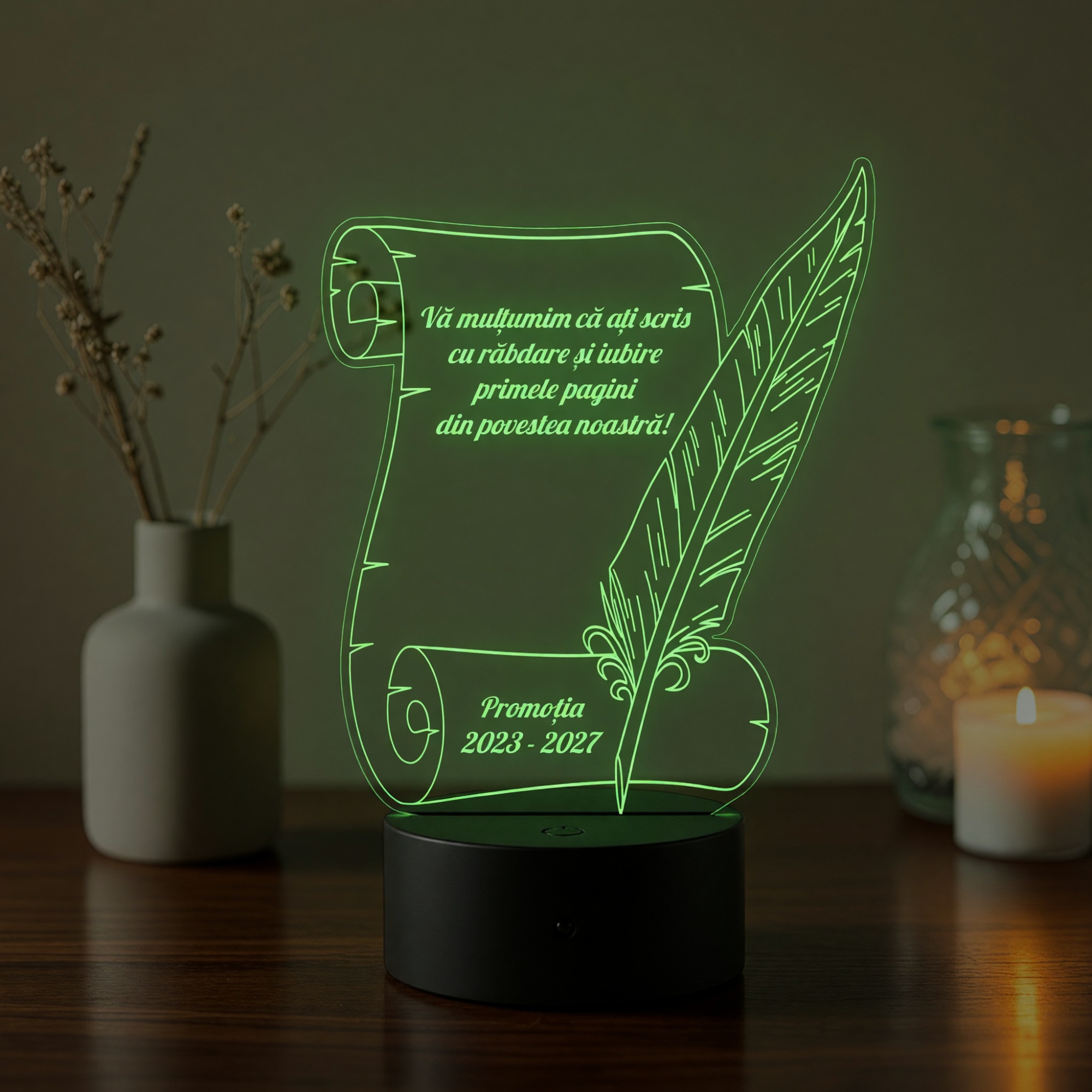 Lampă LED 3D Personalizată – Pergament cu Pană și Mesaj