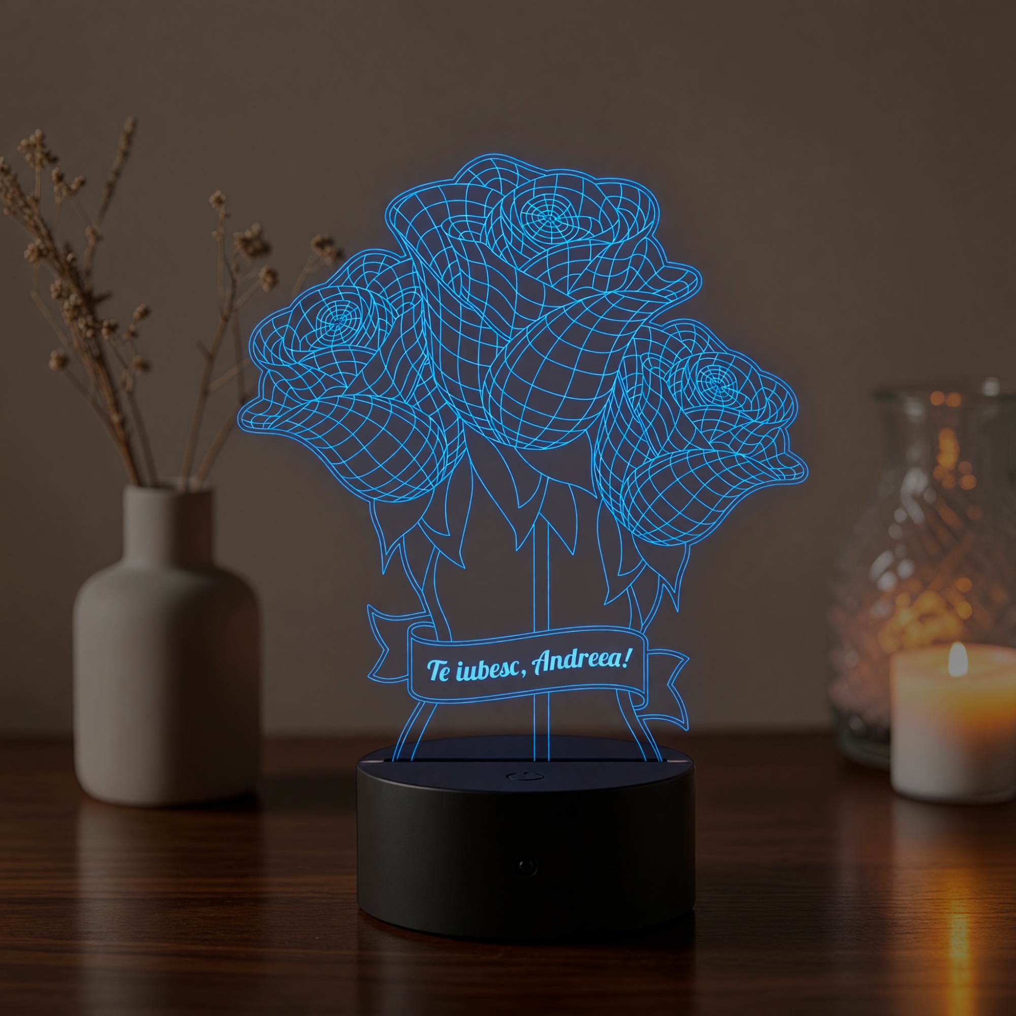 Lampă LED 3D Personalizată – Buchet de Trandafiri cu Mesaj