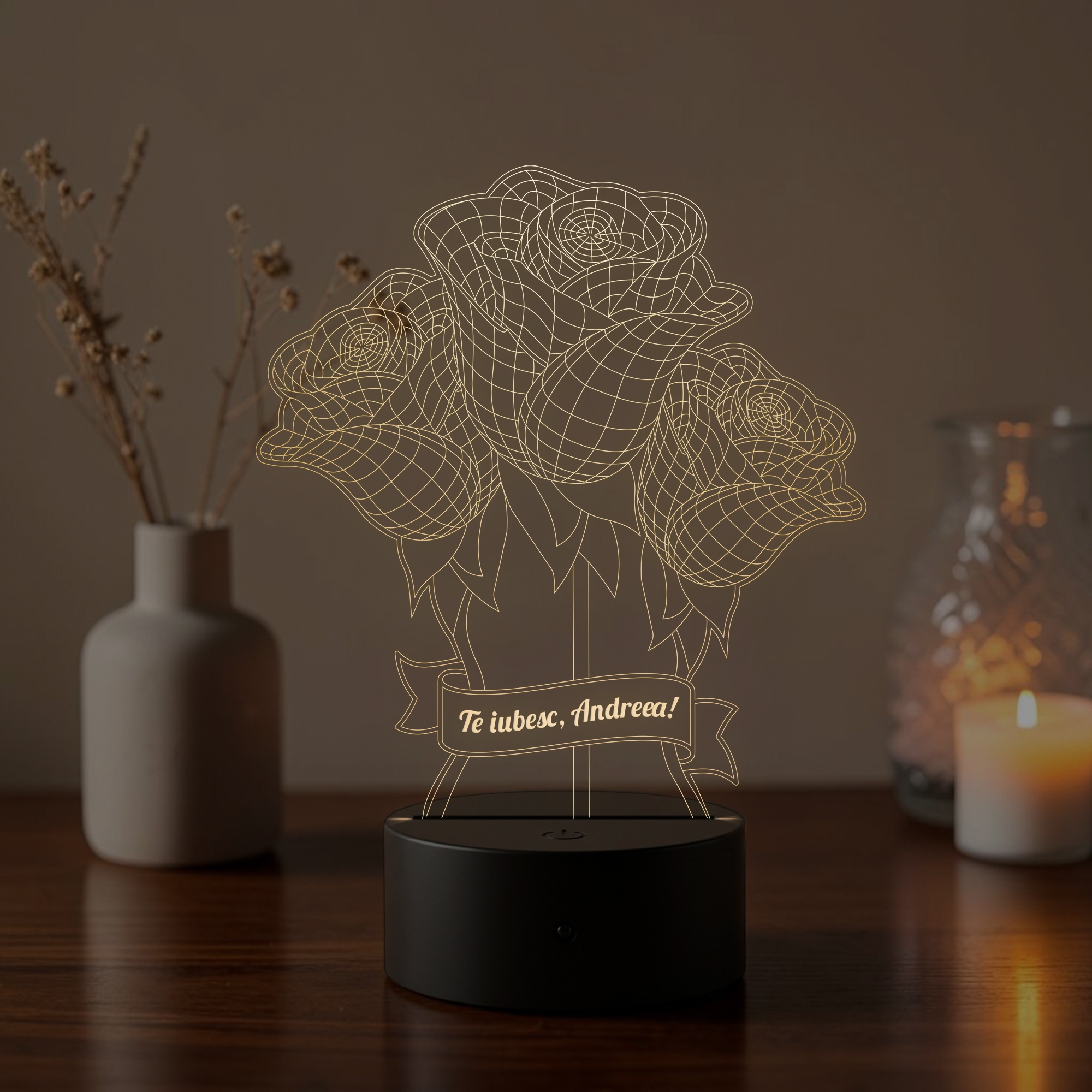 Lampă LED 3D Personalizată – Buchet de Trandafiri cu Mesaj