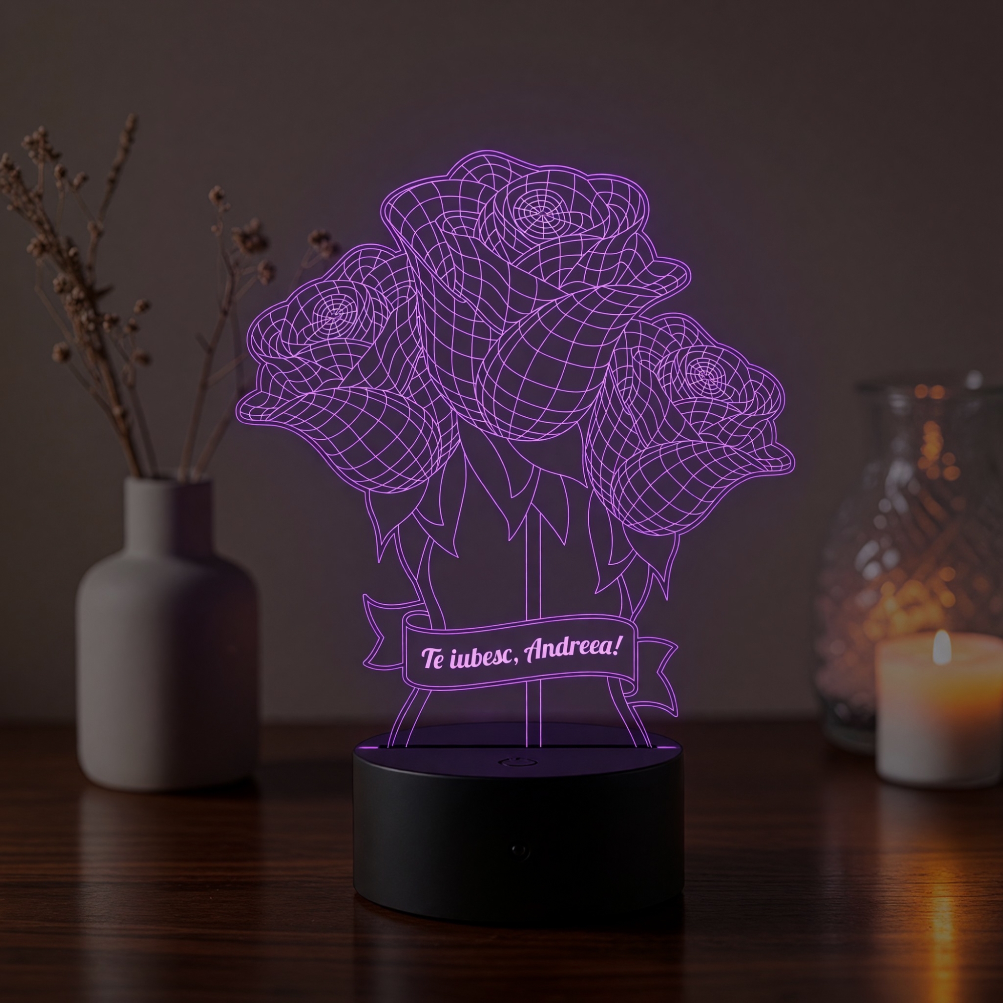 Lampă LED 3D Personalizată – Buchet de Trandafiri cu Mesaj