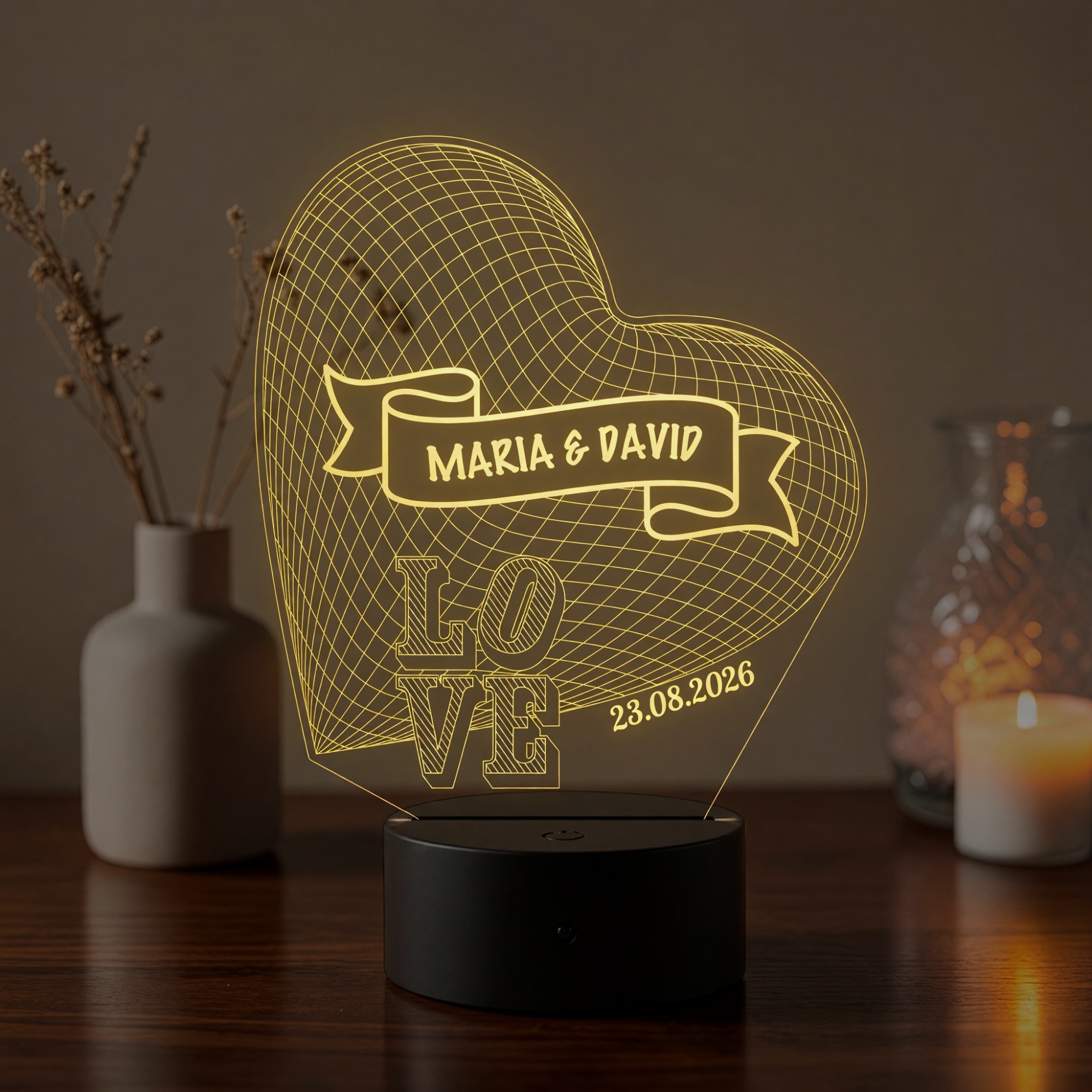 Lampă LED 3D Personalizată – Inimă LOVE cu Mesaj și Dată