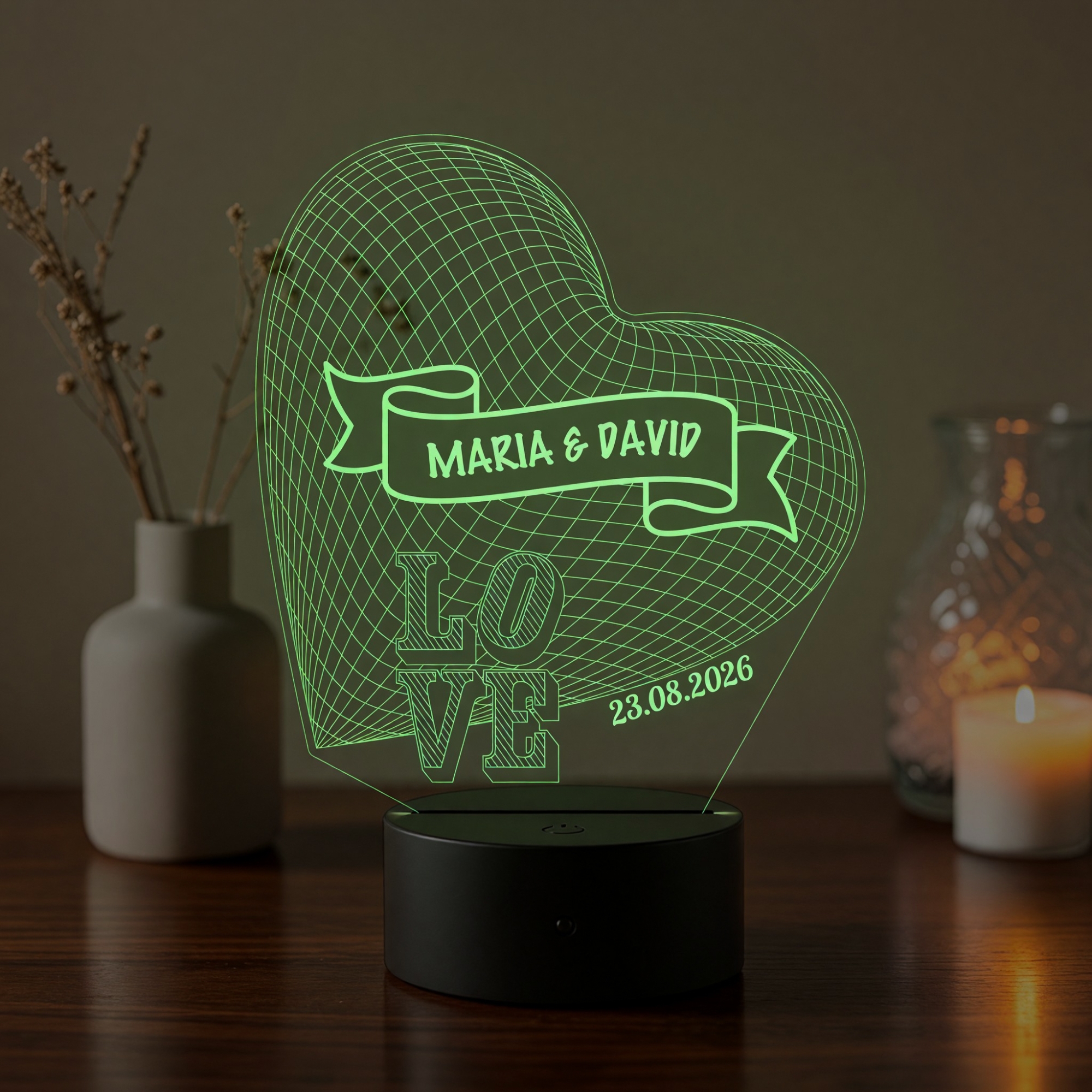 Lampă LED 3D Personalizată – Inimă LOVE cu Mesaj și Dată
