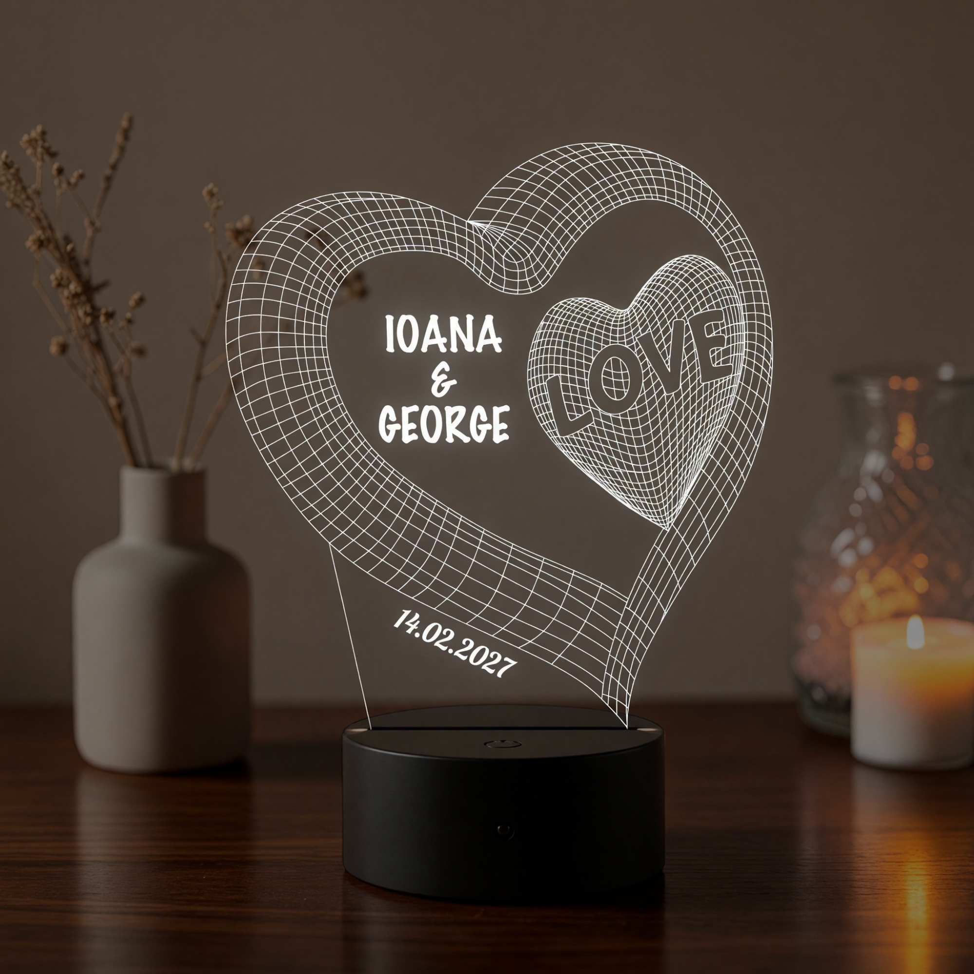Lampă LED 3D Personalizată – Inimă Dublă cu Mesaj și Dată