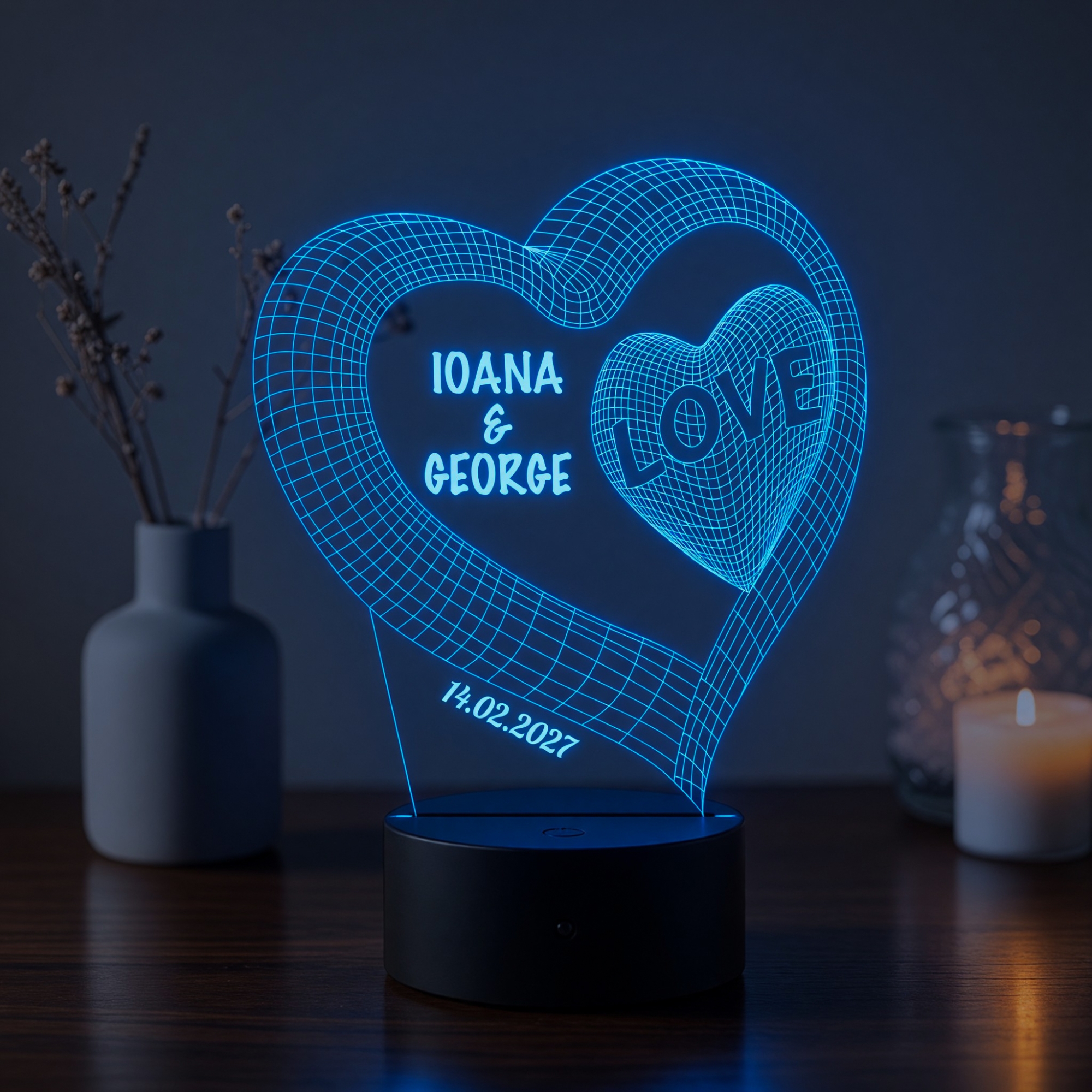 Lampă LED 3D Personalizată – Inimă Dublă cu Mesaj și Dată