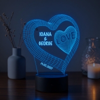 Lampă LED 3D Personalizată – Inimă Dublă cu Mesaj și Dată