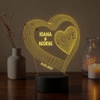 Lampă LED 3D Personalizată – Inimă Dublă cu Mesaj și Dată