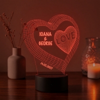 Lampă LED 3D Personalizată – Inimă Dublă cu Mesaj și Dată