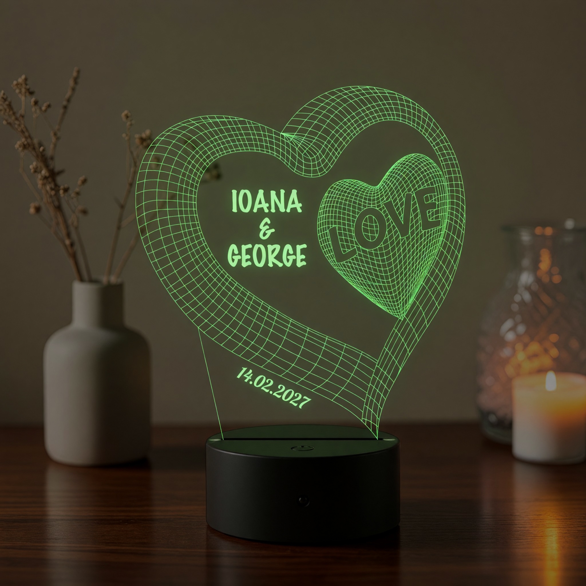 Lampă LED 3D Personalizată – Inimă Dublă cu Mesaj și Dată
