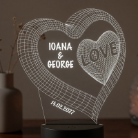 Lampă LED 3D Personalizată – Inimă Dublă cu Mesaj și Dată