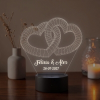 Lampă LED 3D Personalizată – Inimi Împletite cu Mesaj și Dată
