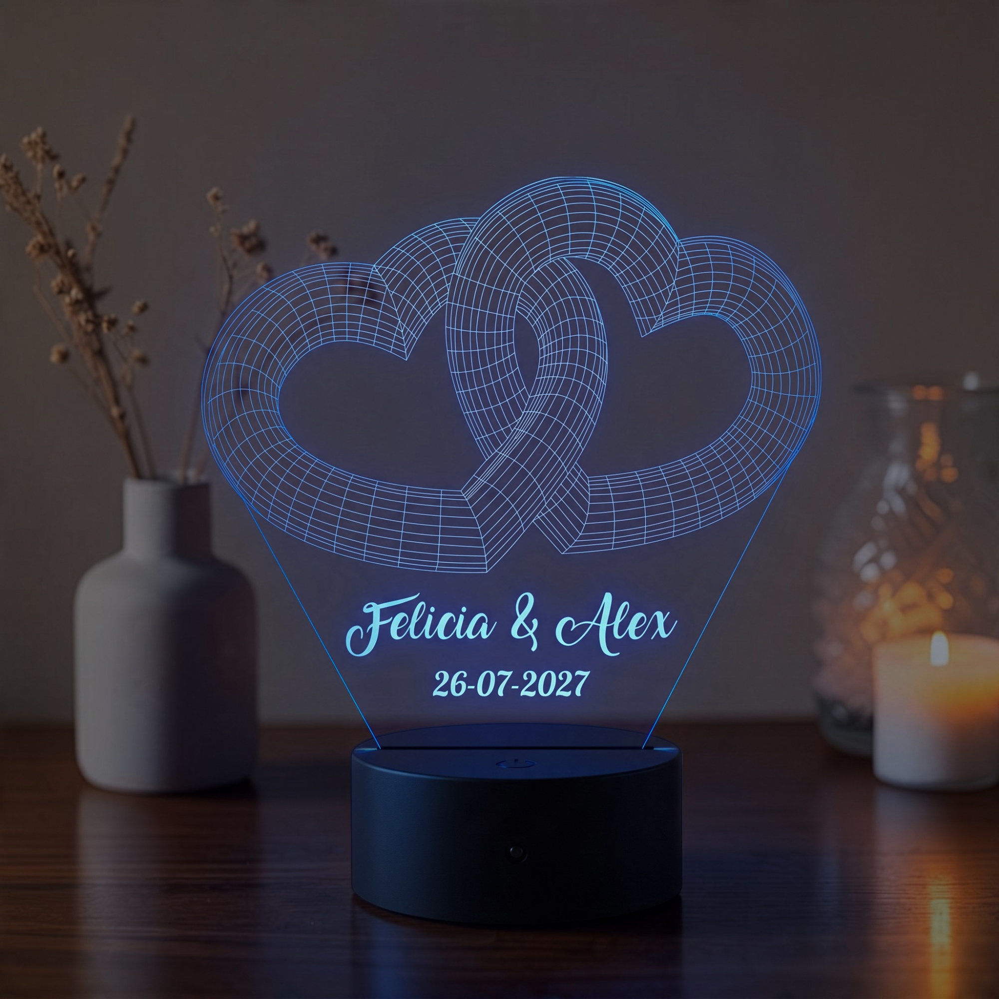 Lampă LED 3D Personalizată – Inimi Împletite cu Mesaj și Dată