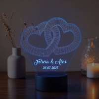 Lampă LED 3D Personalizată – Inimi Împletite cu Mesaj și Dată