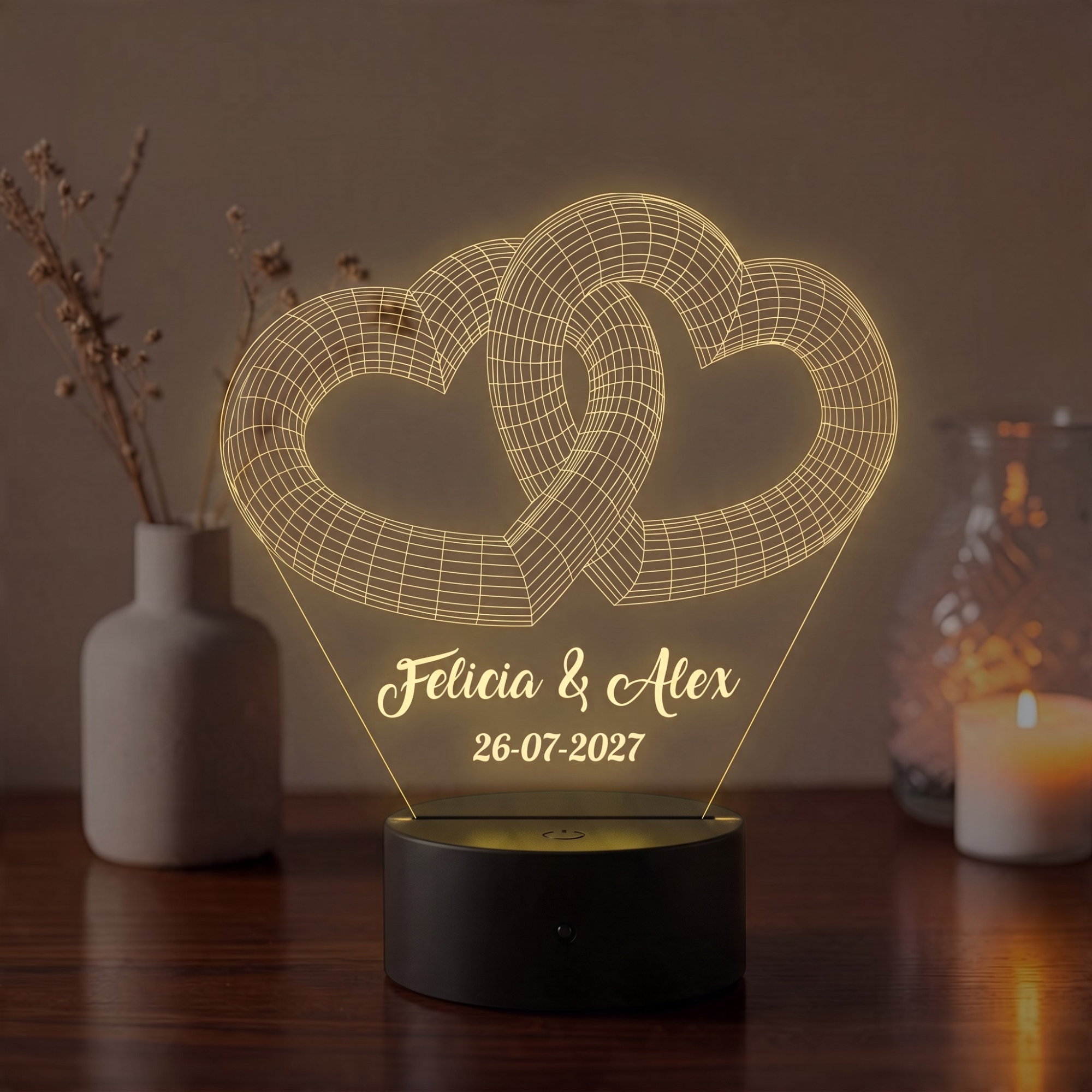 Lampă LED 3D Personalizată – Inimi Împletite cu Mesaj și Dată