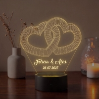 Lampă LED 3D Personalizată – Inimi Împletite cu Mesaj și Dată