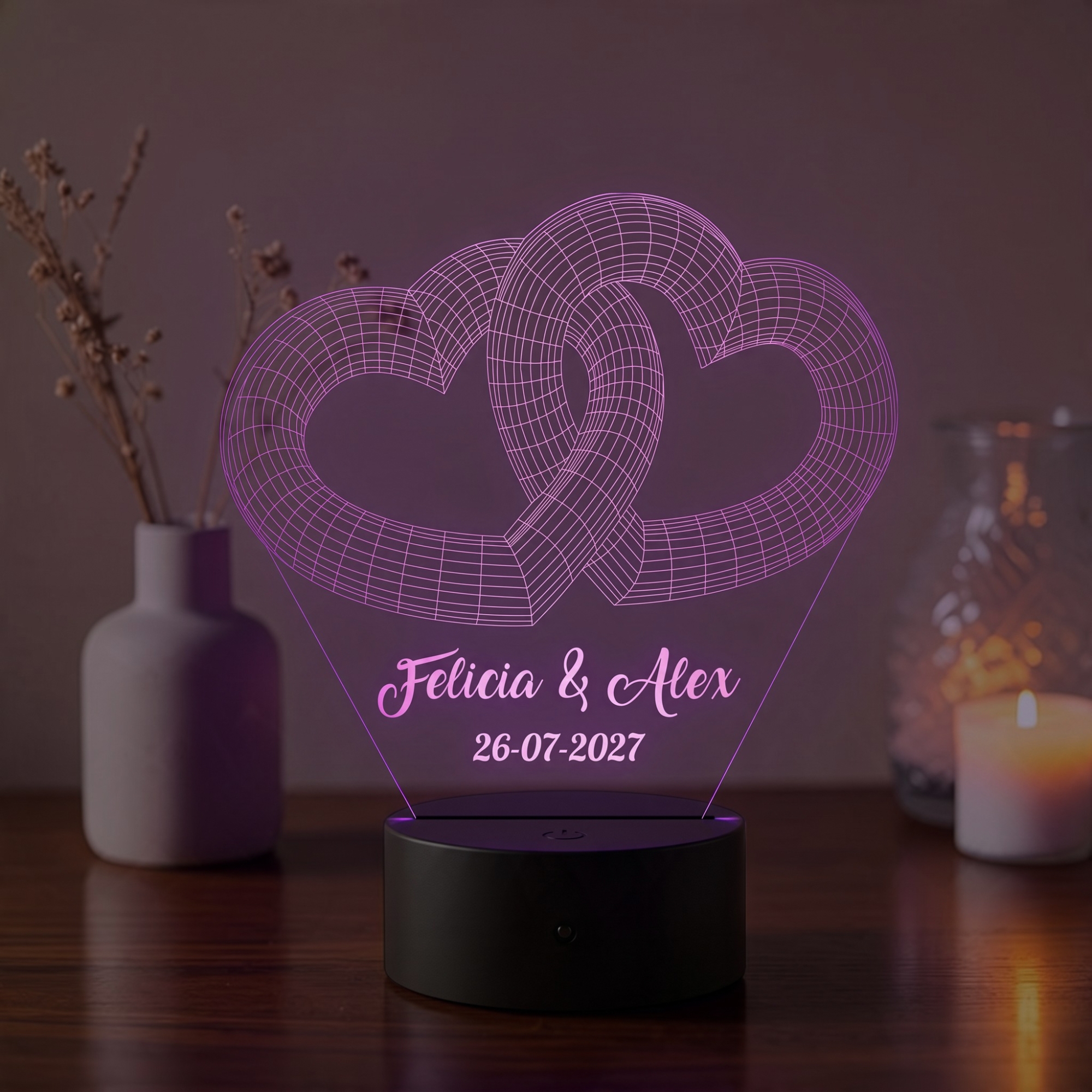 Lampă LED 3D Personalizată – Inimi Împletite cu Mesaj și Dată