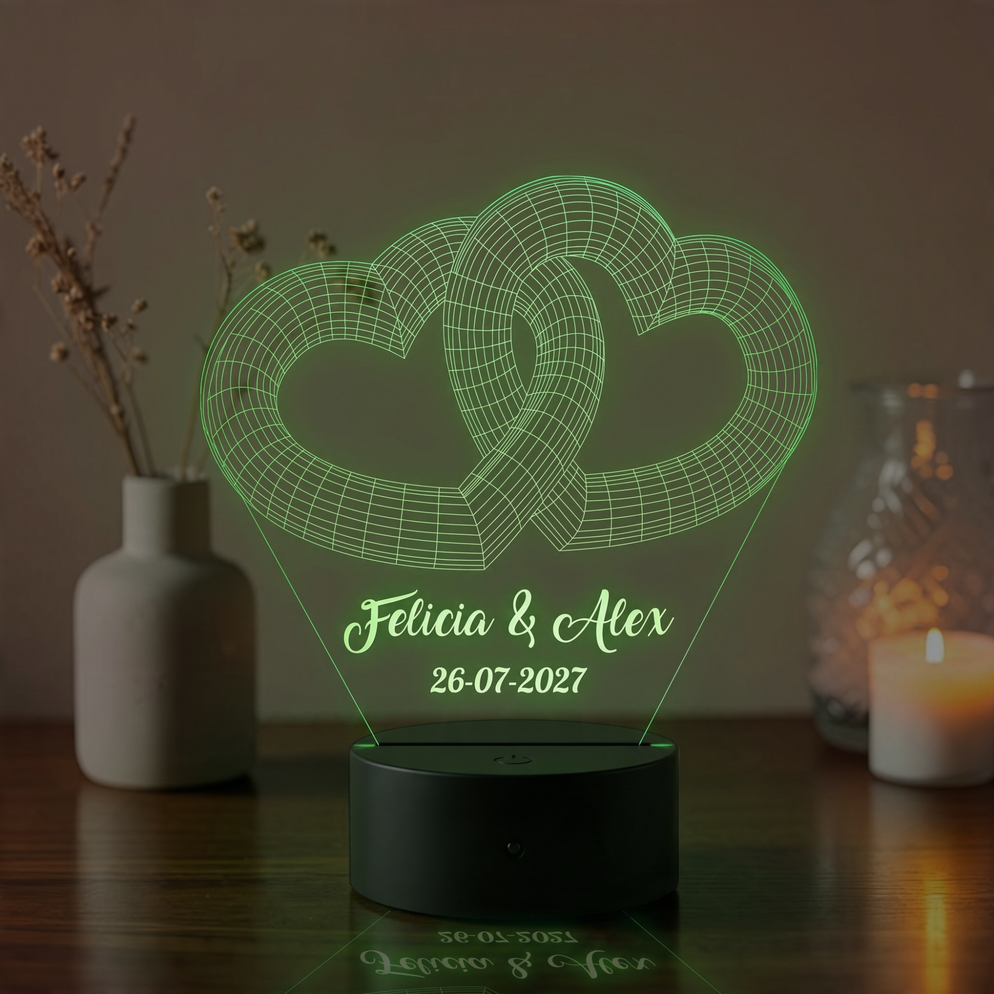 Lampă LED 3D Personalizată – Inimi Împletite cu Mesaj și Dată