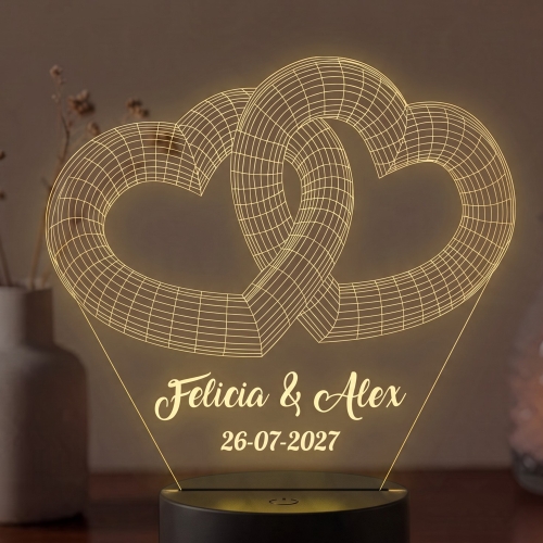Lampă LED 3D Personalizată – Inimi Împletite cu Mesaj și Dată