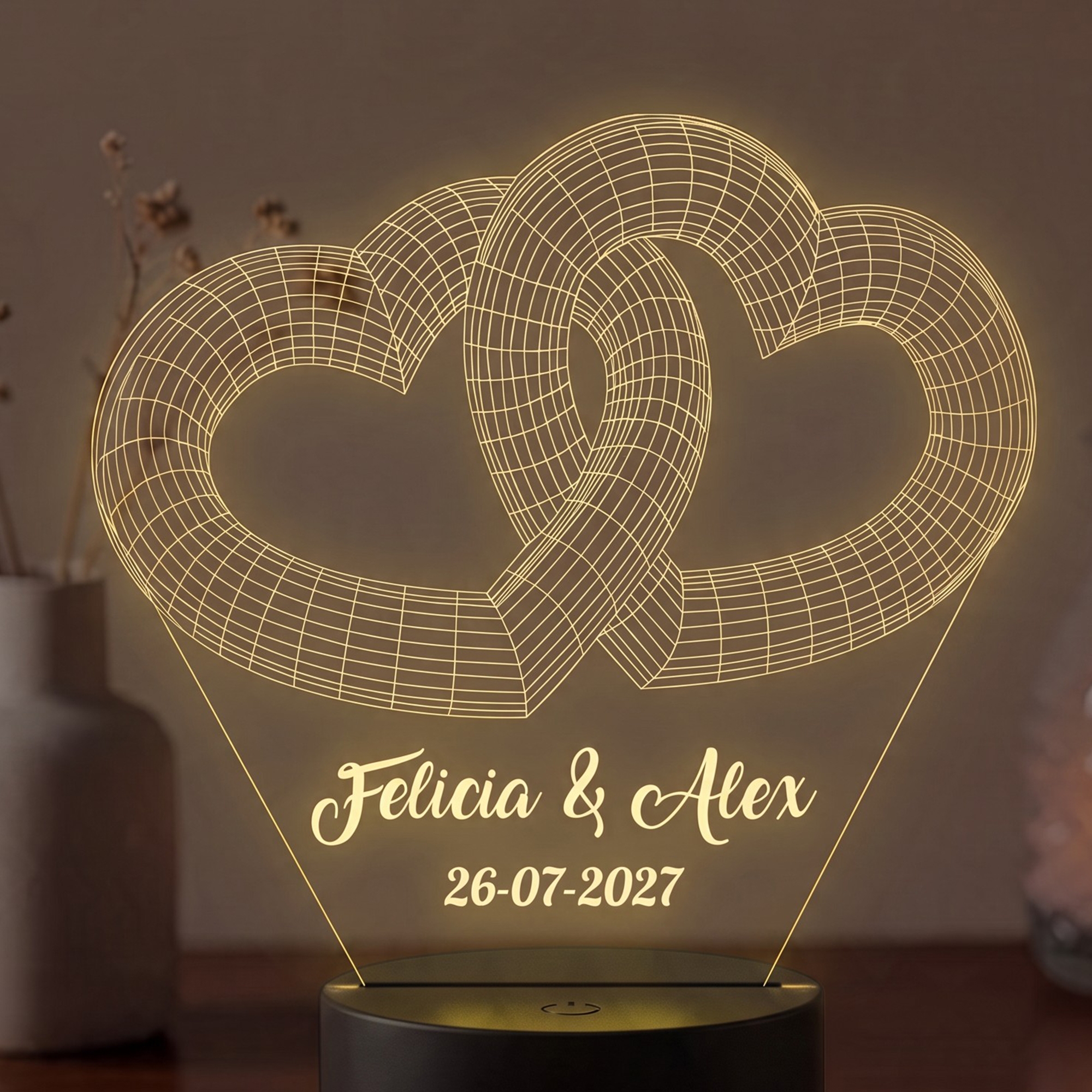Lampă LED 3D Personalizată – Inimi Împletite cu Mesaj și Dată