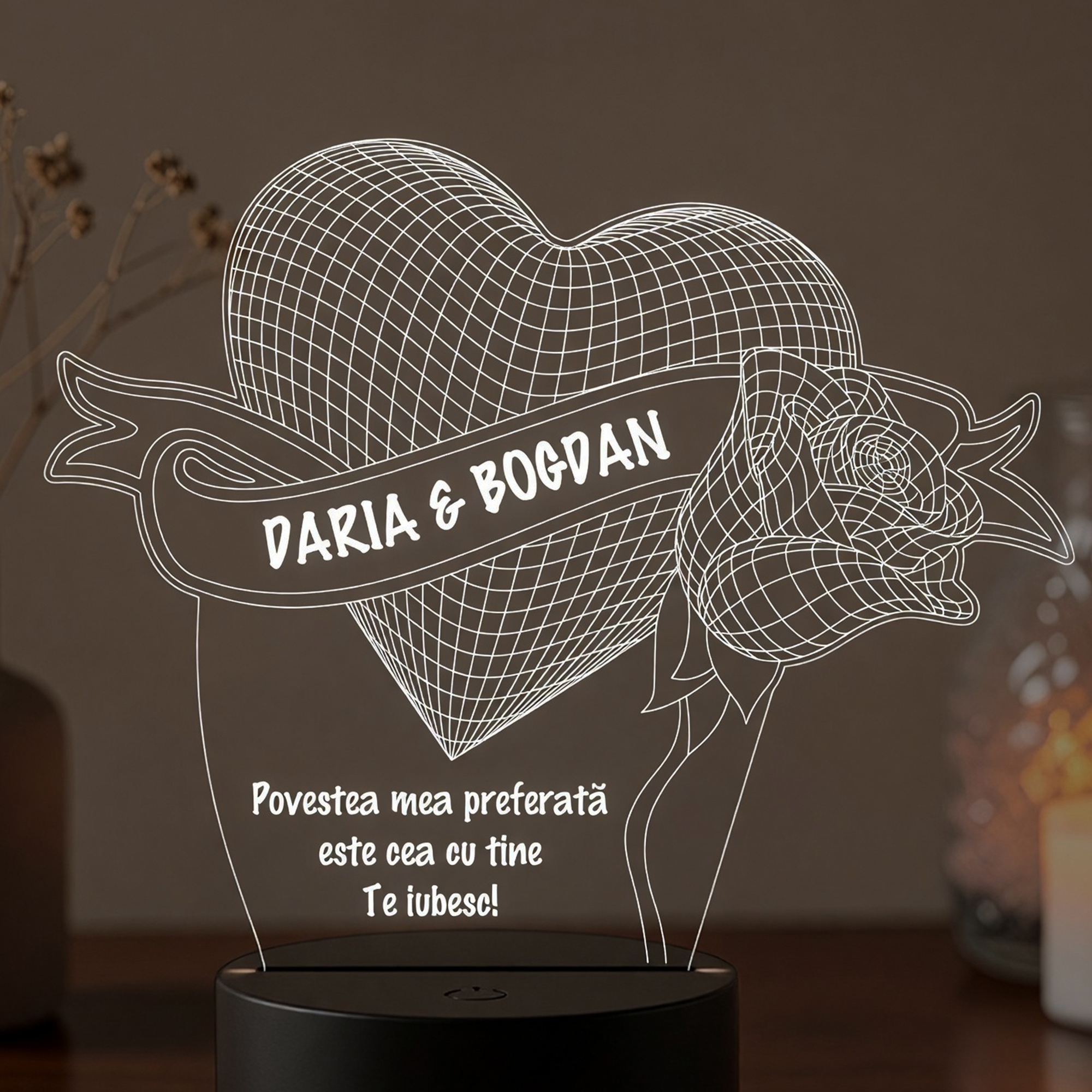 Lampă LED 3D Personalizată – Inimă cu Trandafir și Mesaj