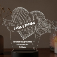 Lampă LED 3D Personalizată – Inimă cu Trandafir și Mesaj